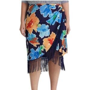 LRL Ralph Lauren Faux Wrap Skirt Womens Plus Size 20W Blue Floral Fringe NEW NWT